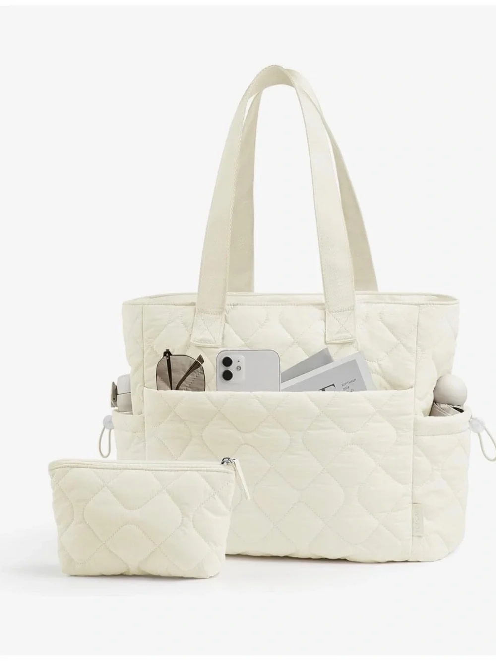 Women’s Tote Bag Cream Light Quilted Puffy, Shoulder Bag for Work Travel Laptop